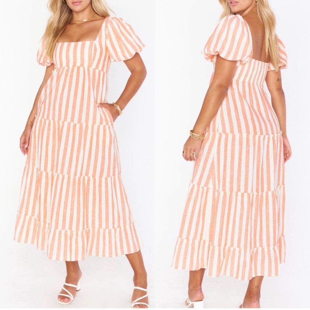 Show Me Your Mumu Linds Cotton Midi Dress Dreamsicle Stripe Puff Sleeve Large